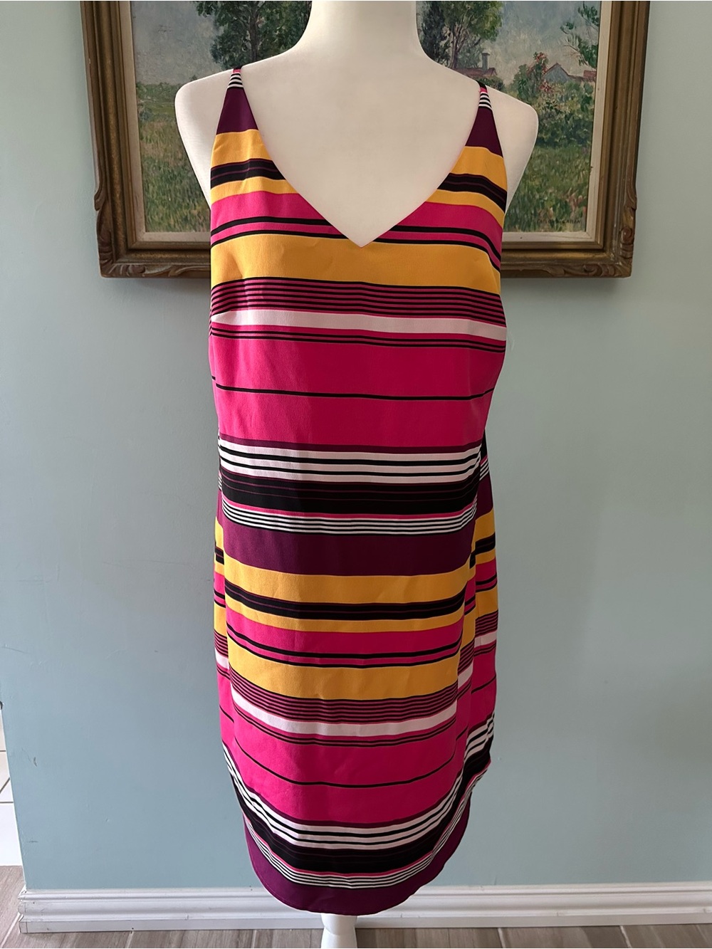 CeCe Striped V-Neck Mini Dress in Hot Pink and Mustard